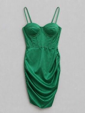 Emerald Satin Ruched Bustier Midi Dress